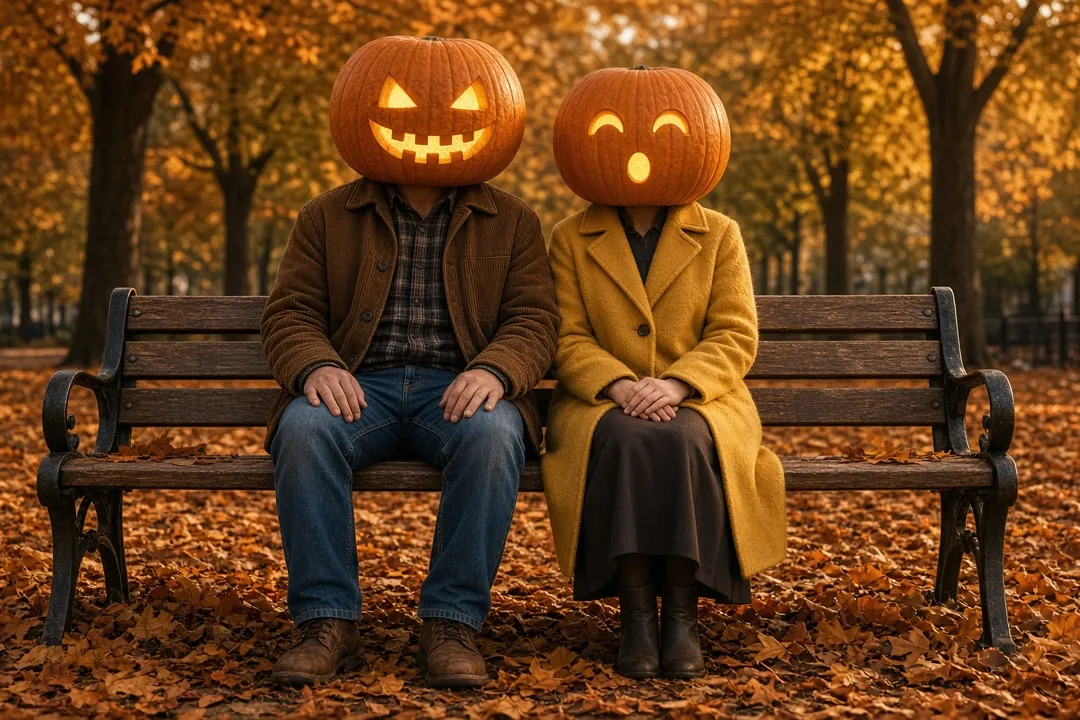 Couple in a brown corduroy jacket and a mustard coat sitting on a park bench among autumn leaves, each with a carved pumpkin head, one grinning and one with a surprised face