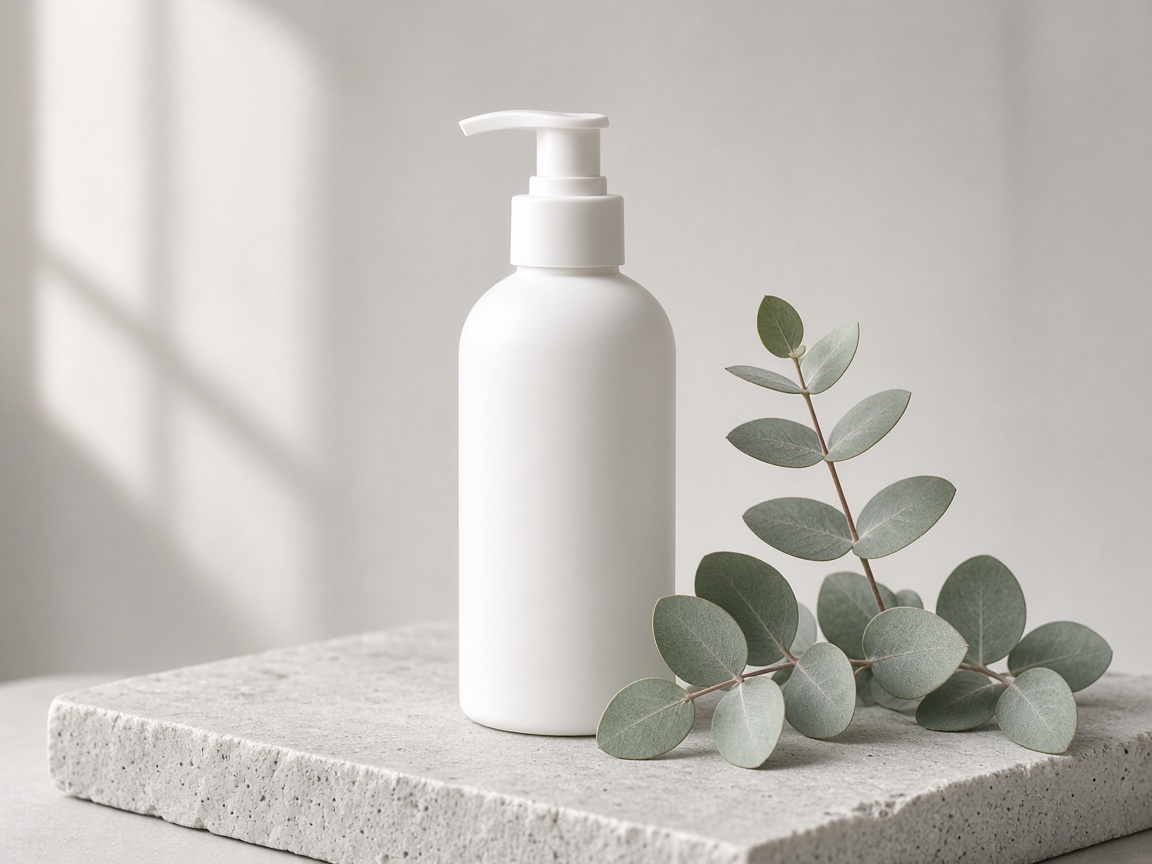 Matte white skincare pump bottle on a stone block with eucalyptus leaves