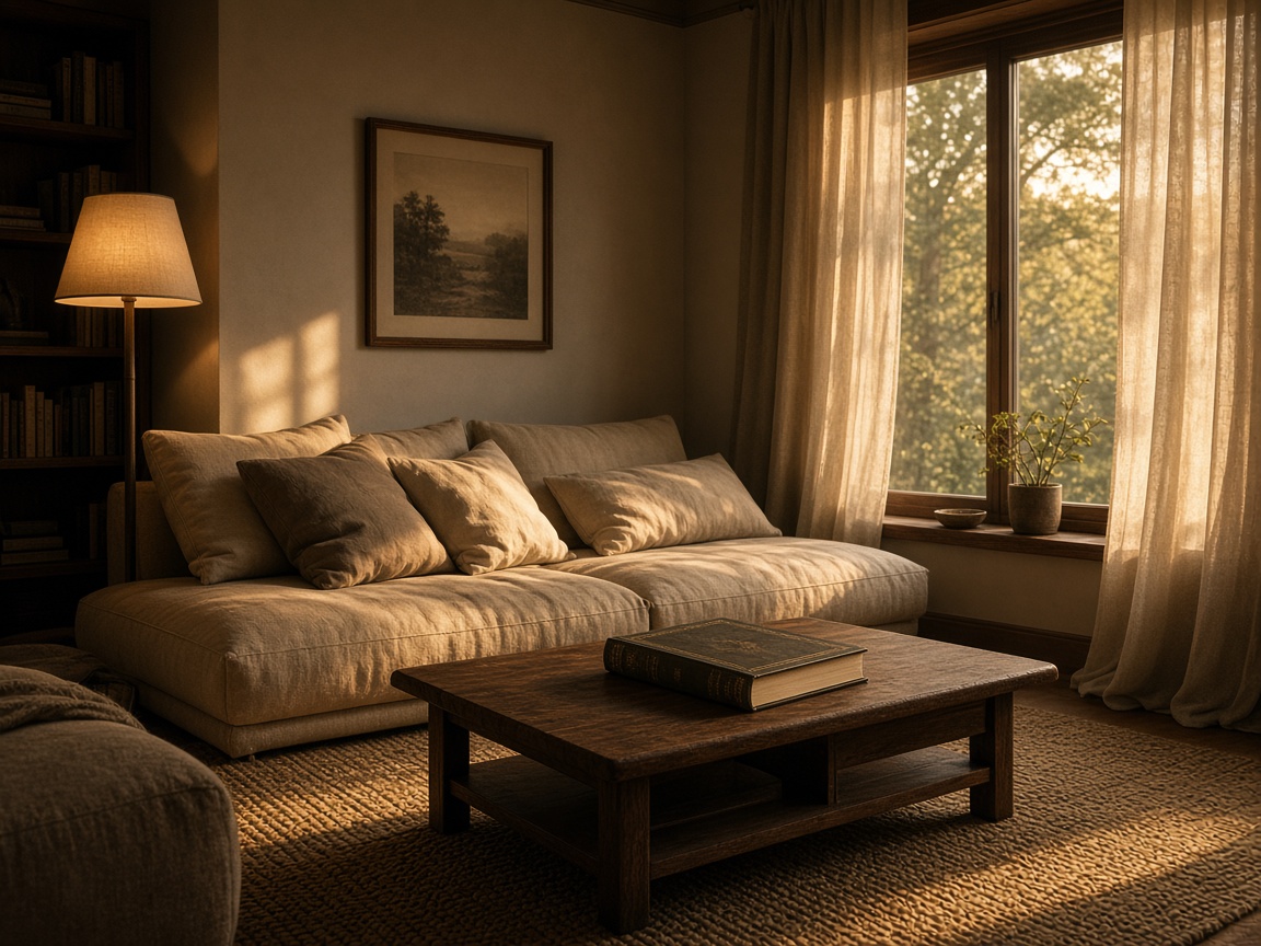 Warm living room with a beige sofa, wooden table and sunlight through linen curtains