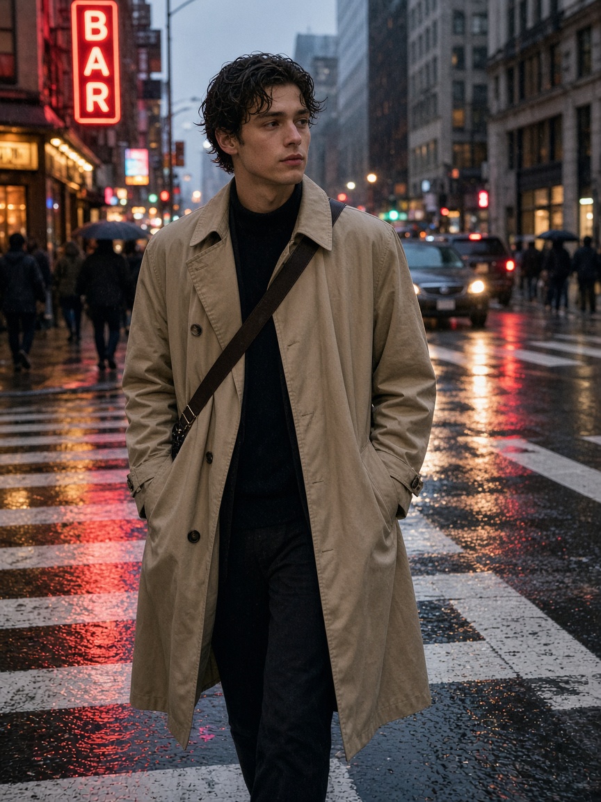 Young man in a tan trench coat on a wet city street at night