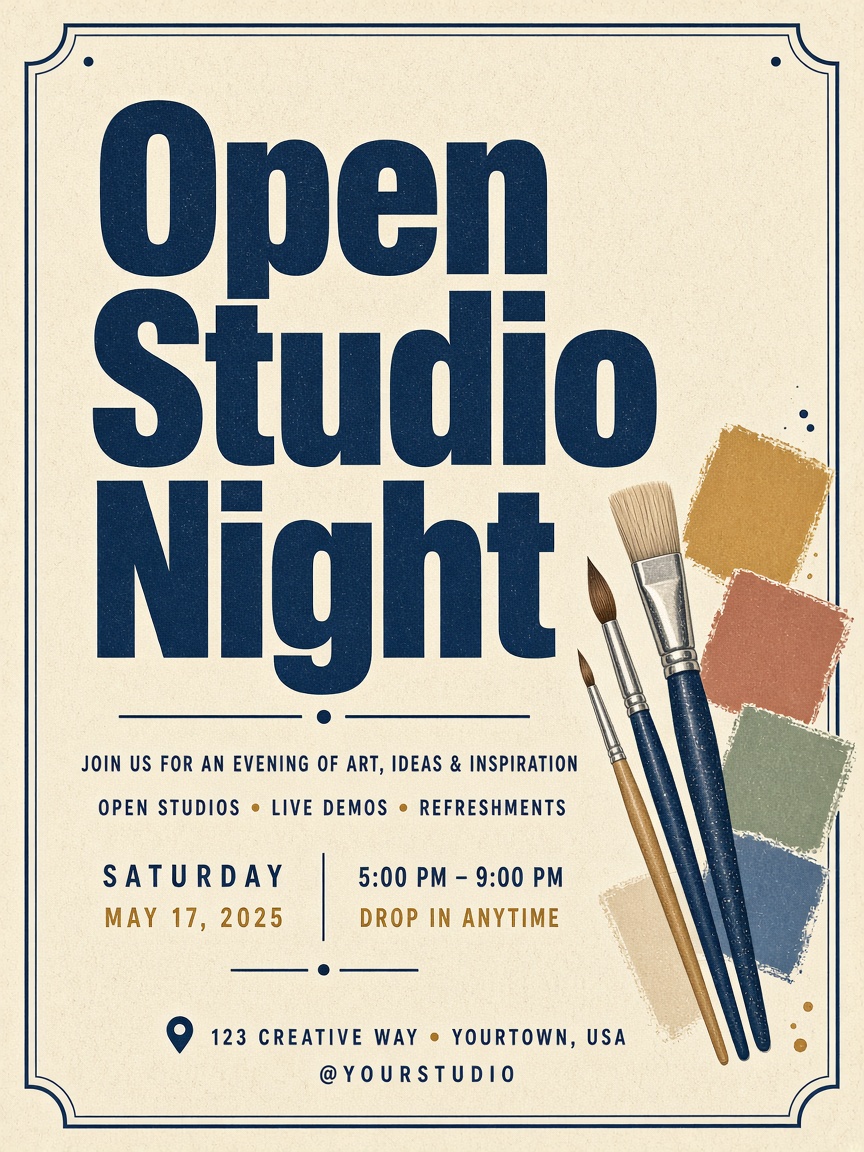 Open Studio Night poster with navy type, paintbrushes and color swatches