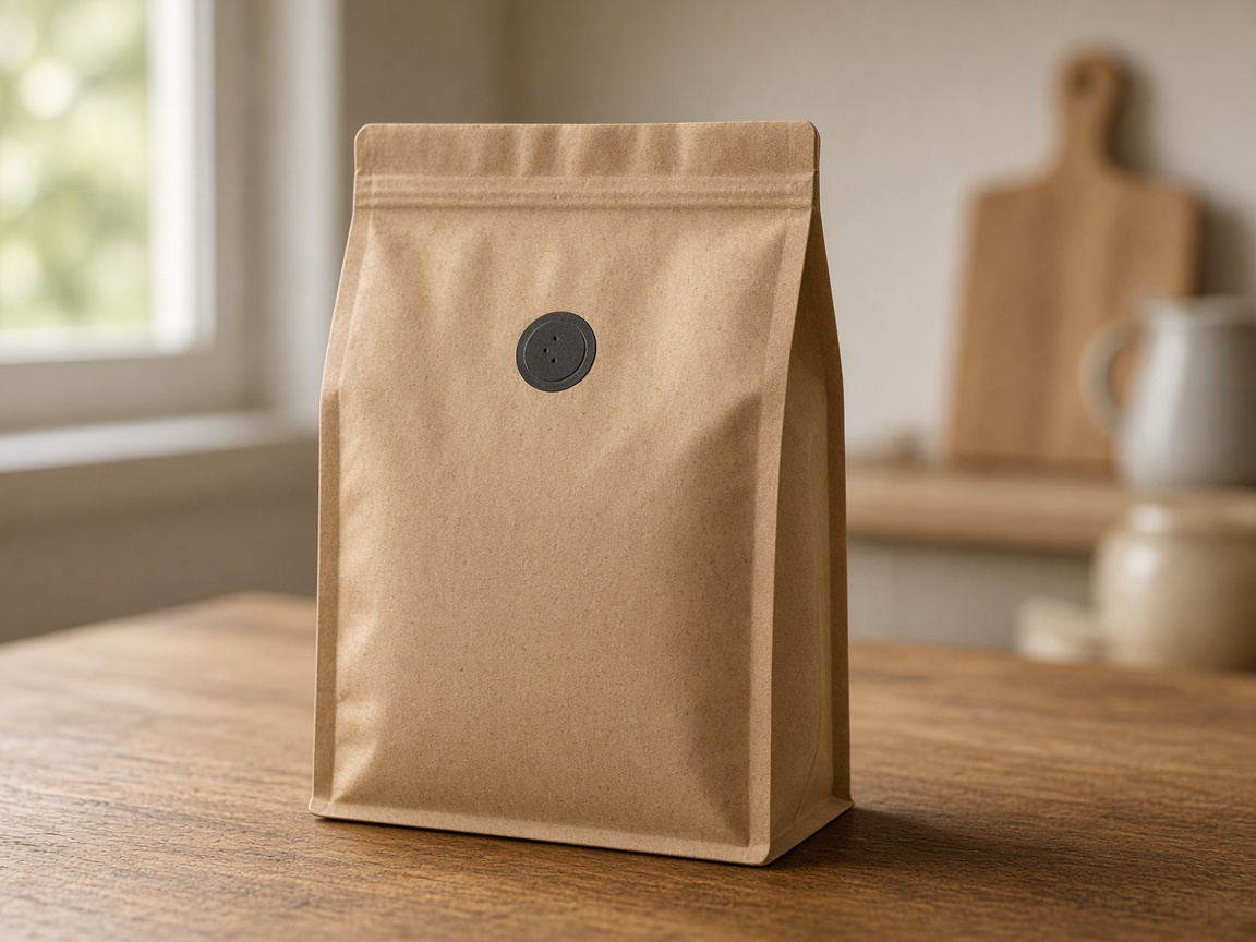 Blank kraft coffee bag with a black valve on a wooden kitchen counter