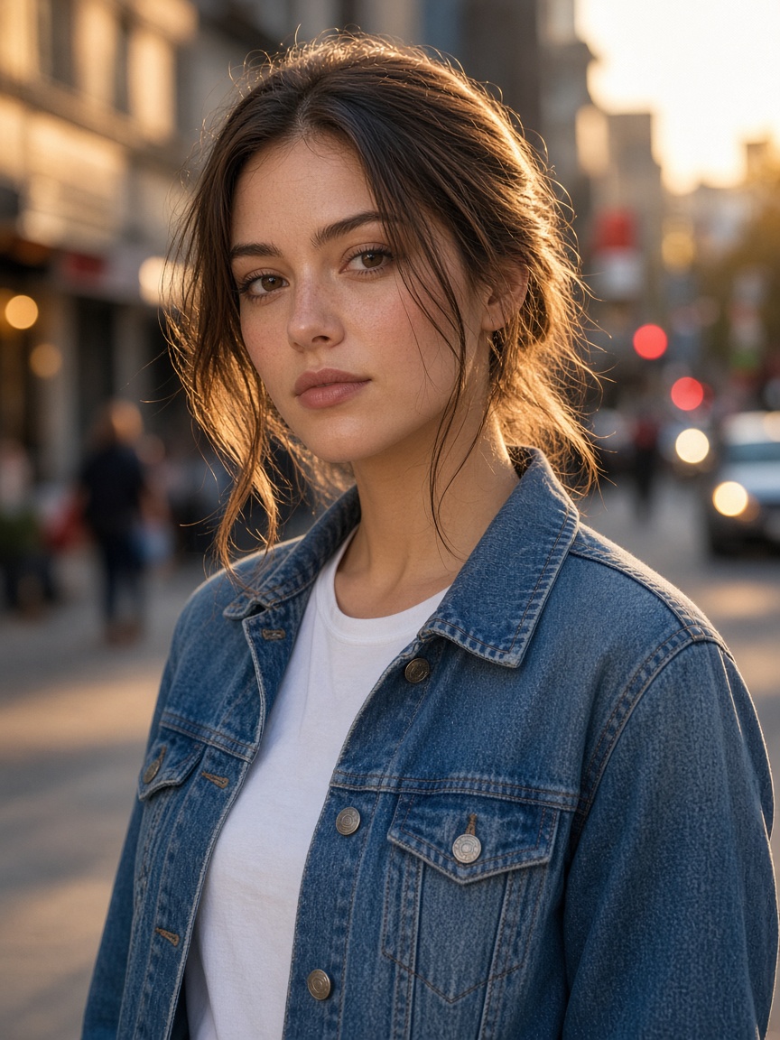 Young woman in a denim jacket on a city street at golden hour