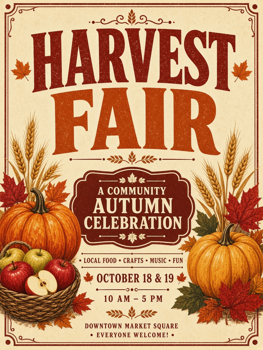 Harvest Fair autumn market poster with pumpkins, apples and wheat