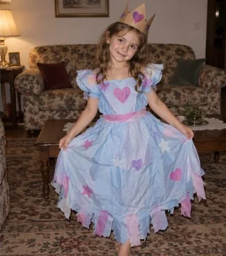 Synthetic demo of a handmade princess costume look used as a childhood reference
