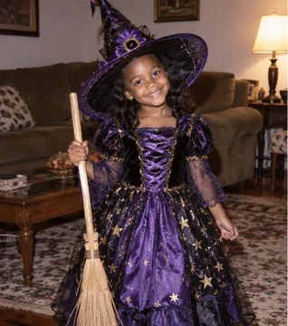 Synthetic demo of a polished witch costume stage