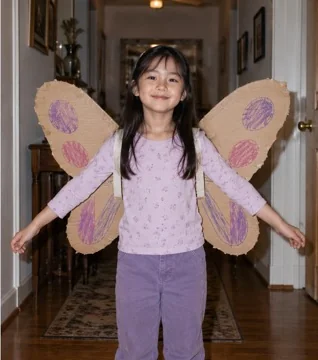 Synthetic demo of cardboard butterfly wings apology stage