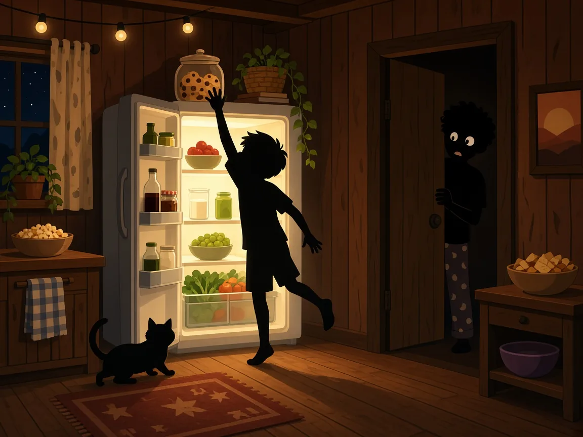 夜里踮脚偷吃被门口的人撞见的厨房插画