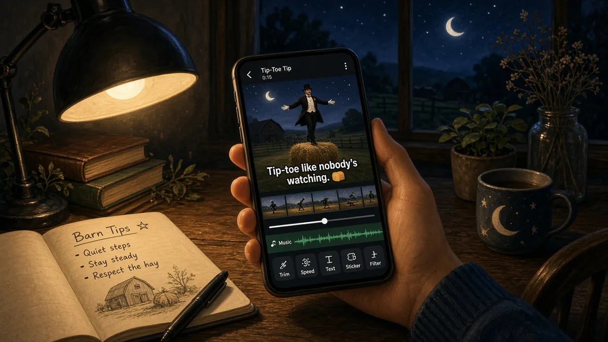 Hand holding a phone that shows a barn tip-toe clip on the timeline with a music waveform ready to line up