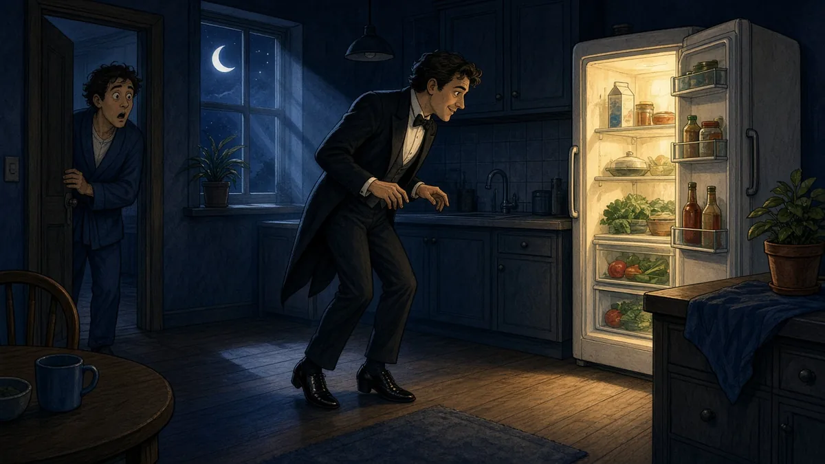 Person in a formal black suit tiptoeing toward an open fridge at night while a roommate stares from the doorway