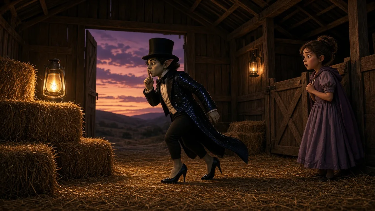 Short figure in a sequined dark tailcoat and black heels tiptoeing through a hay-filled barn while shushing, as a surprised onlooker watches
