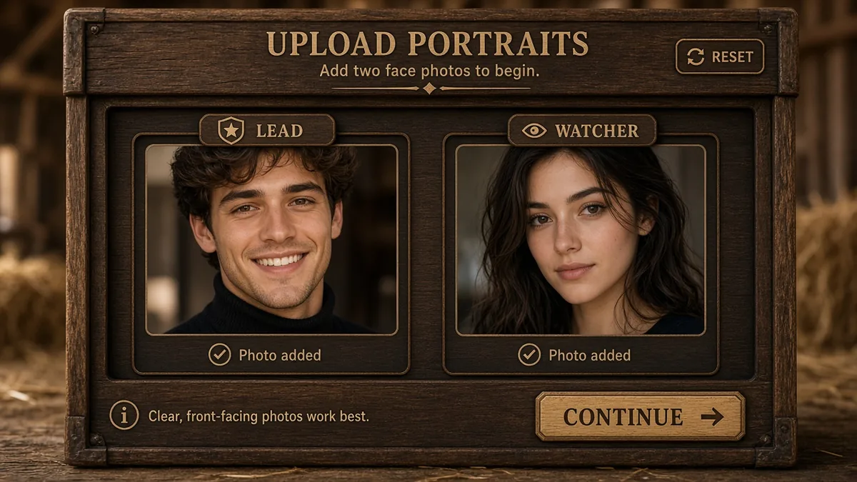 Upload panel with two portrait slots labeled lead and watcher on a wooden barn-style frame