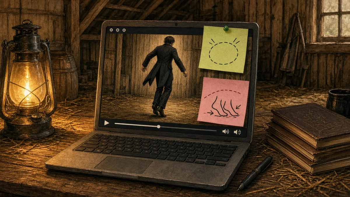 Laptop on a hay-dusted barn table showing a paused tip-toe barn clip with notes marking face and foot checks
